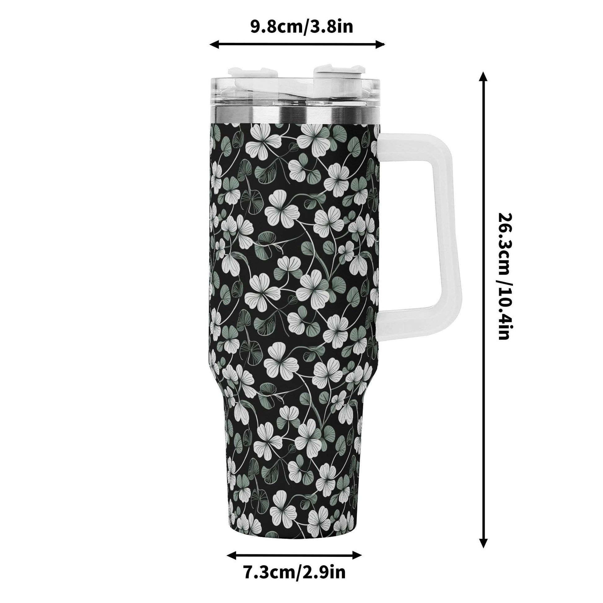 White and Green Clover 40oz Stainless Steel Tumbler Gift With White Handle and Straw - DeRose Seasonal