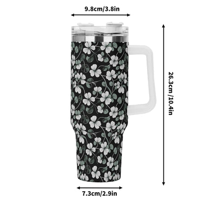 White and Green Clover 40oz Stainless Steel Tumbler Gift With White Handle and Straw - DeRose Seasonal