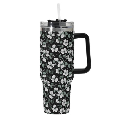 White and Green Clover 40oz Stainless Steel Tumbler Gift With Black Handle and Straw - DeRose Seasonal