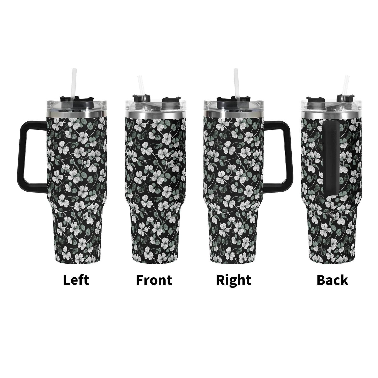 White and Green Clover 40oz Stainless Steel Tumbler Gift With Black Handle and Straw - DeRose Seasonal