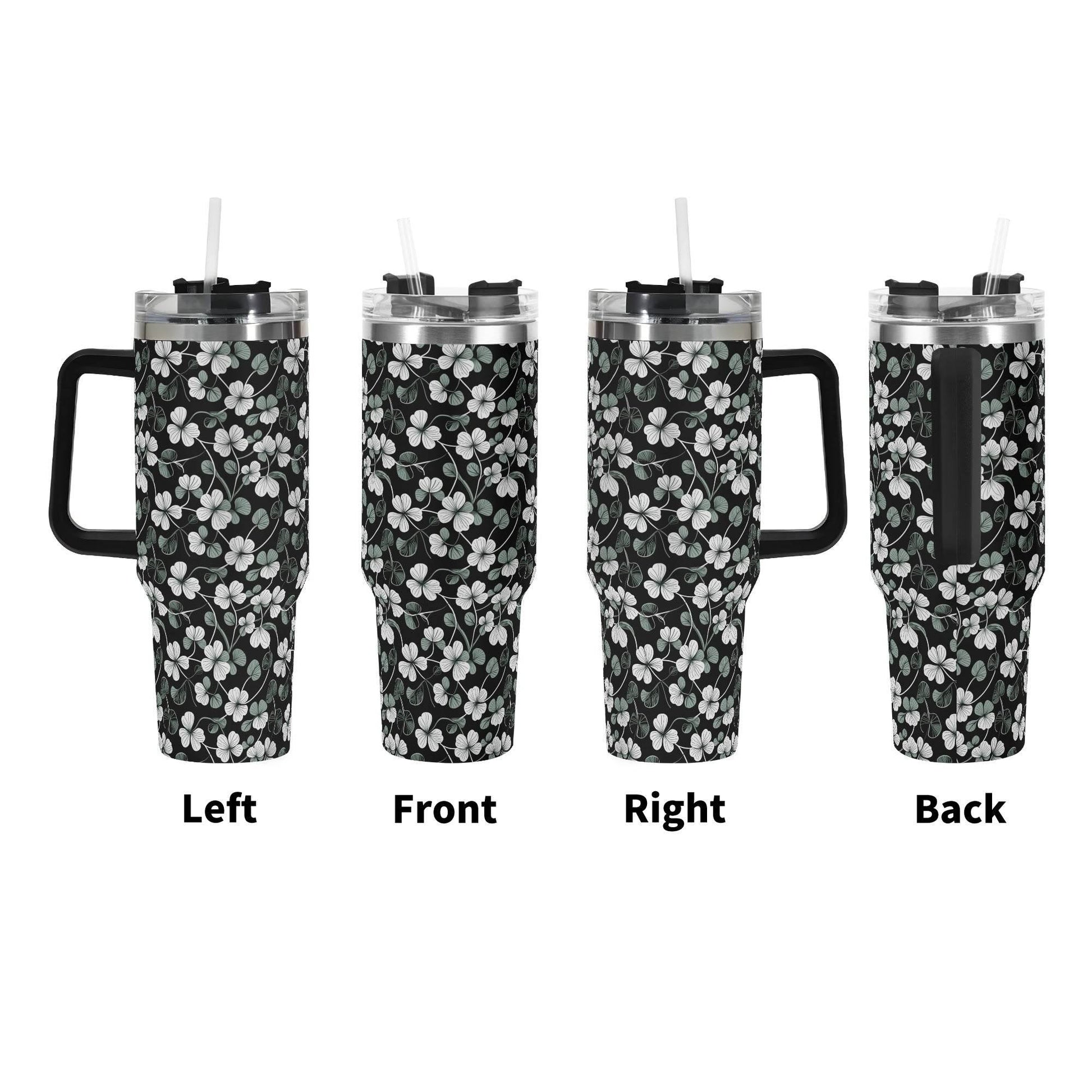 White and Green Clover 40oz Stainless Steel Tumbler Gift With Black Handle and Straw - DeRose Seasonal