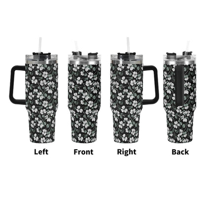 White and Green Clover 40oz Stainless Steel Tumbler Gift With Black Handle and Straw - DeRose Seasonal
