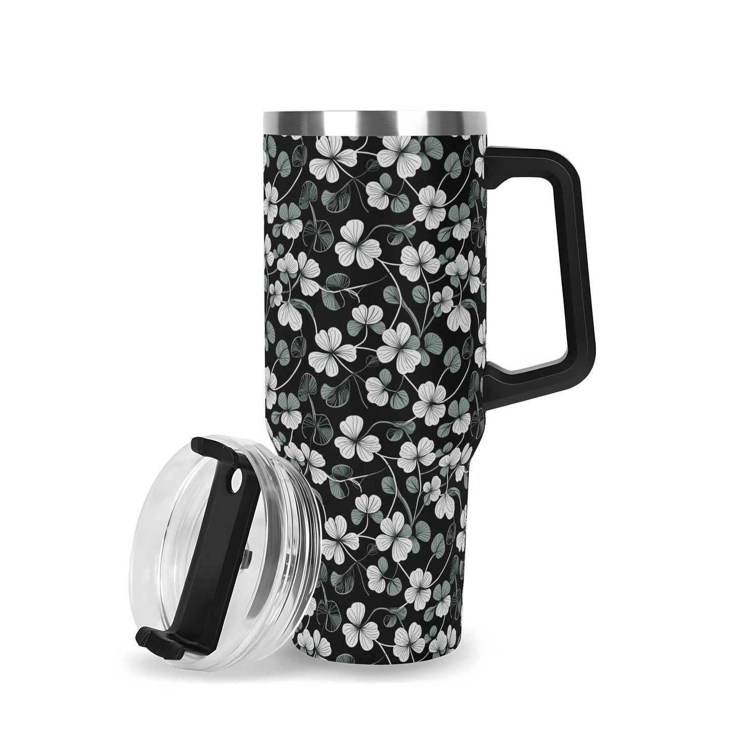 White and Green Clover 40oz Stainless Steel Tumbler Gift With Black Handle and Straw - DeRose Seasonal