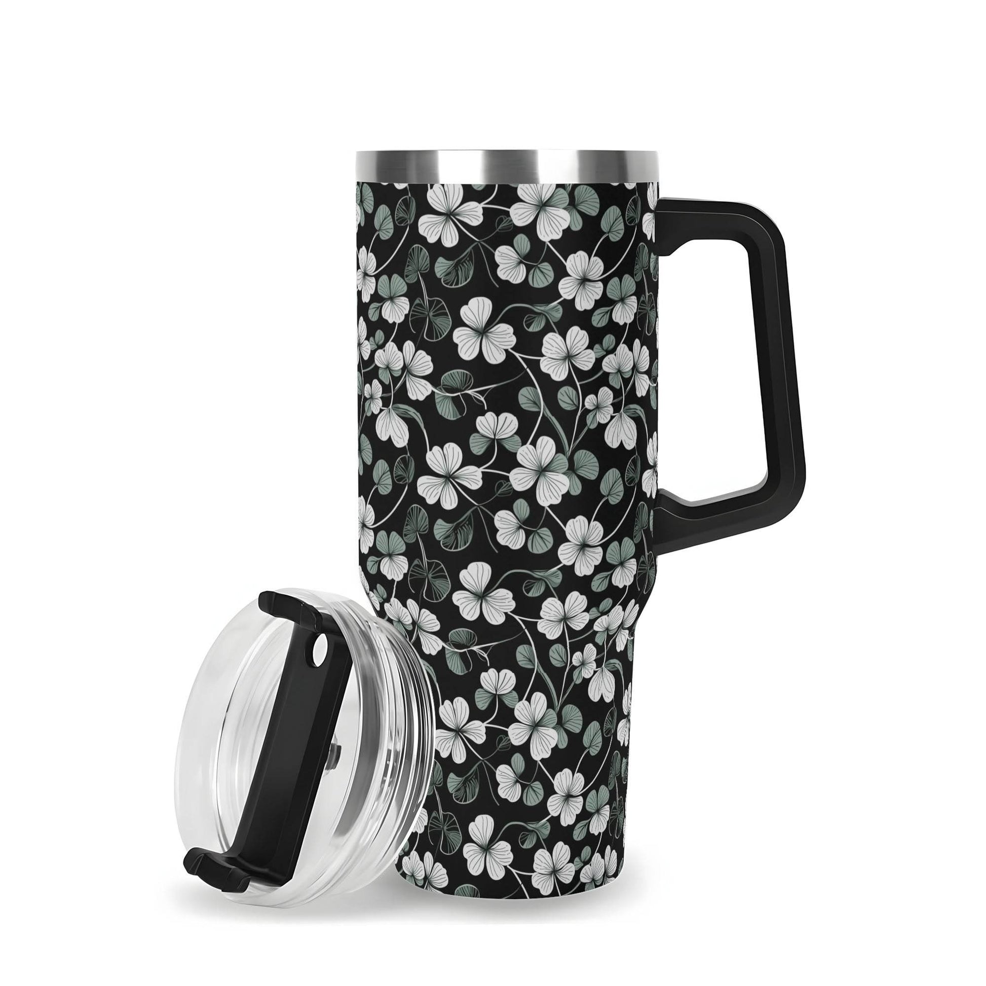 White and Green Clover 40oz Stainless Steel Tumbler Gift With Black Handle and Straw - DeRose Seasonal