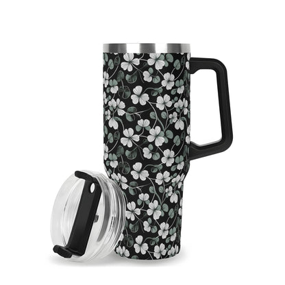 White and Green Clover 40oz Stainless Steel Tumbler Gift With Black Handle and Straw - DeRose Seasonal