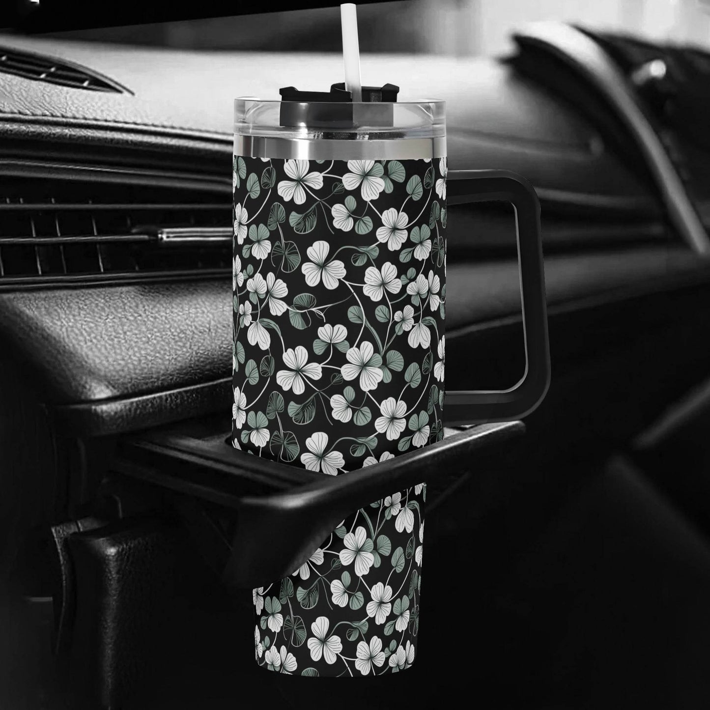 White and Green Clover 40oz Stainless Steel Tumbler Gift With Black Handle and Straw - DeRose Seasonal