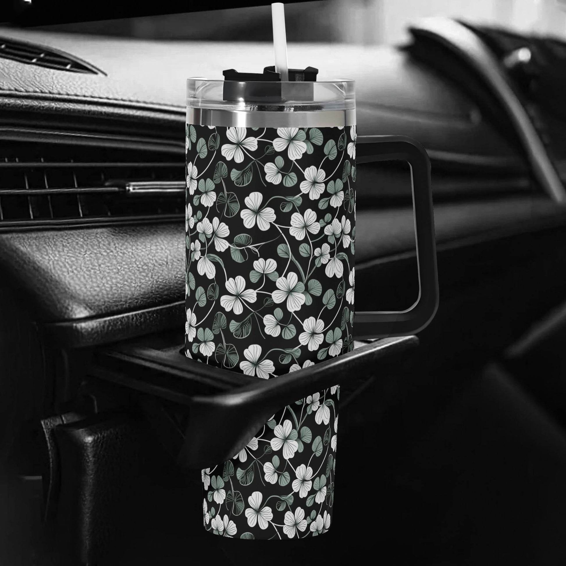White and Green Clover 40oz Stainless Steel Tumbler Gift With Black Handle and Straw - DeRose Seasonal