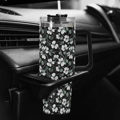 White and Green Clover 40oz Stainless Steel Tumbler Gift With Black Handle and Straw - DeRose Seasonal