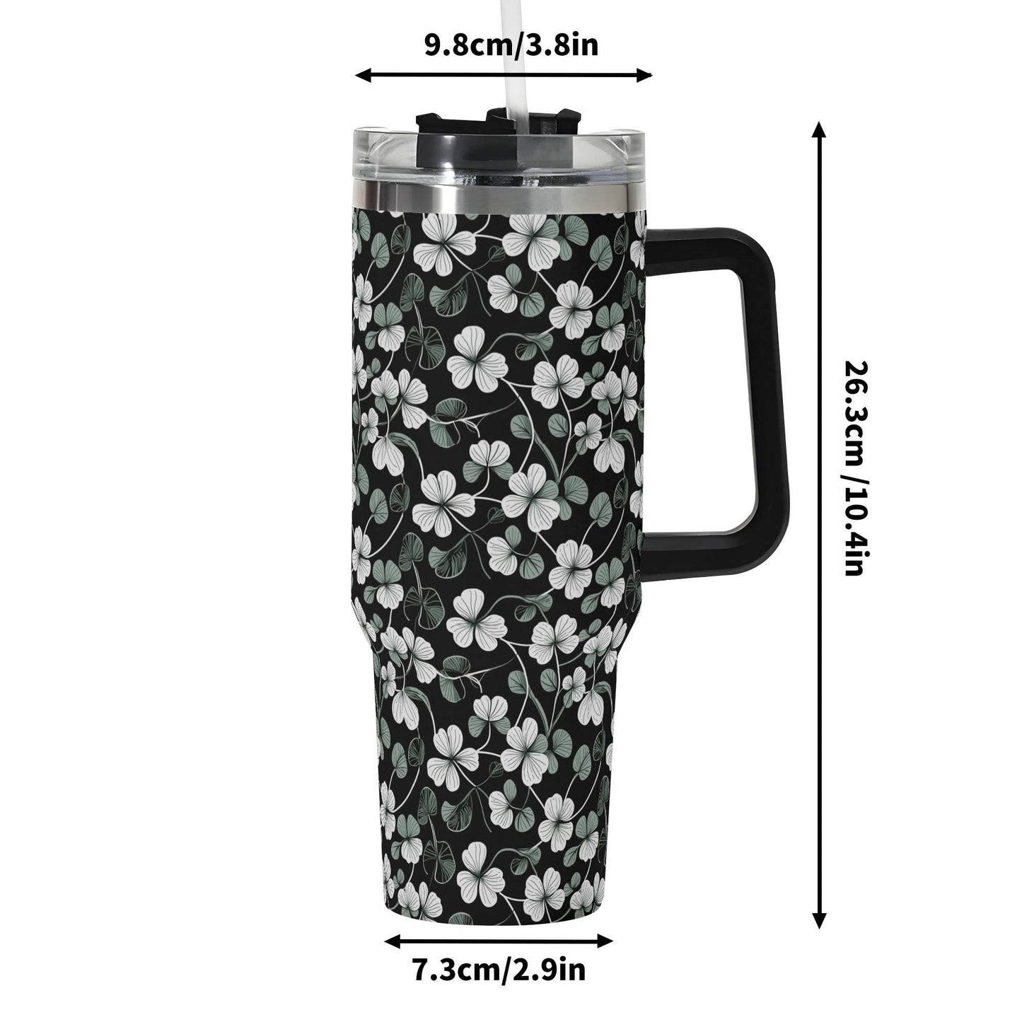 White and Green Clover 40oz Stainless Steel Tumbler Gift With Black Handle and Straw - DeRose Seasonal