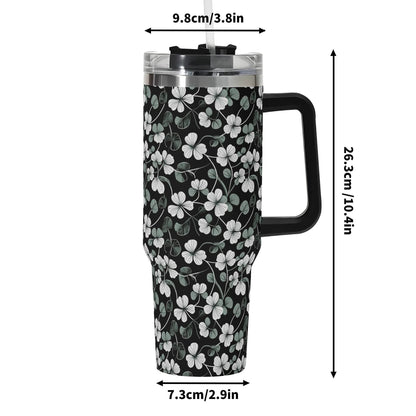 White and Green Clover 40oz Stainless Steel Tumbler Gift With Black Handle and Straw - DeRose Seasonal