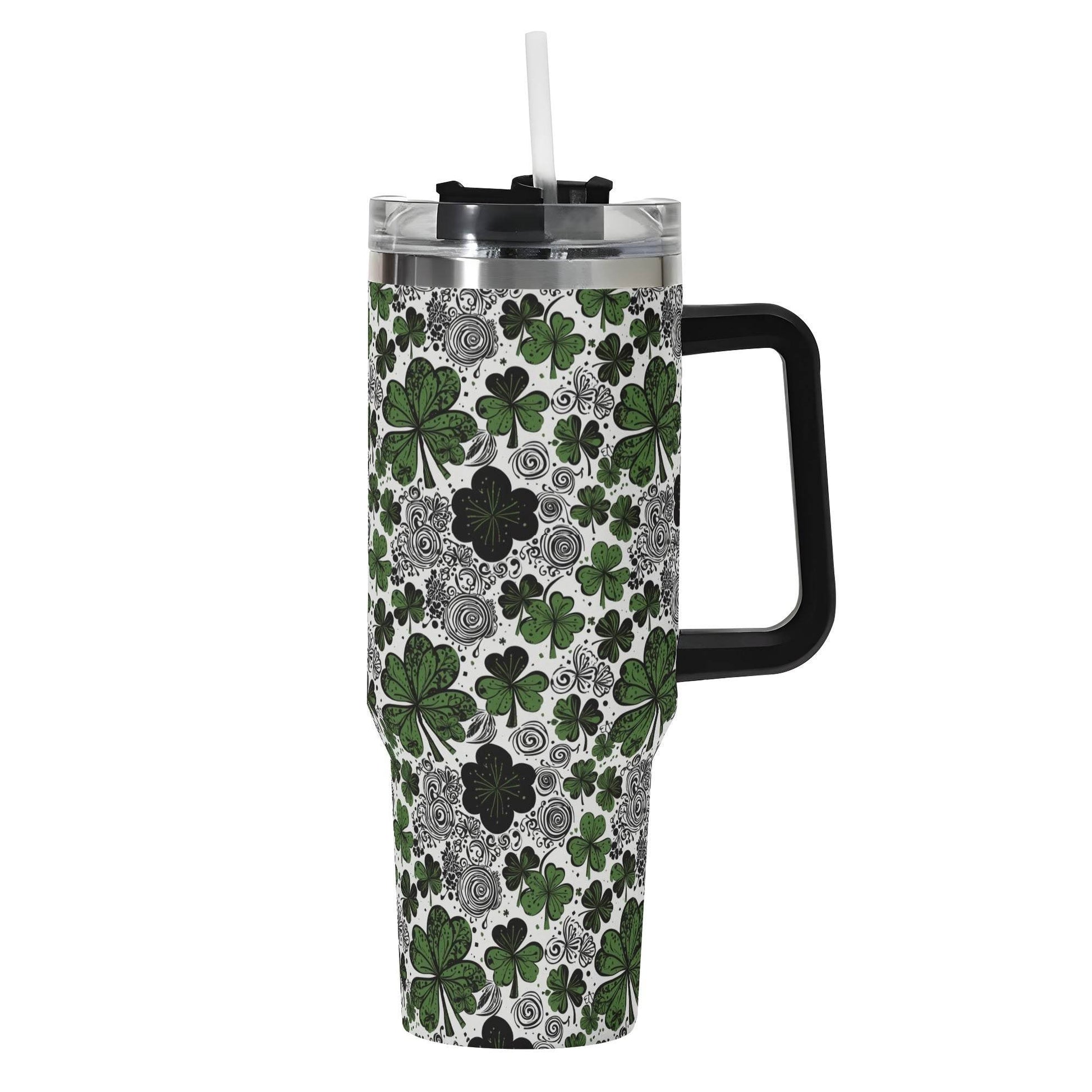 Scribbled Green Clover 40oz Stainless Steel Tumbler Gift With Black Handle and Straw - DeRose Seasonal