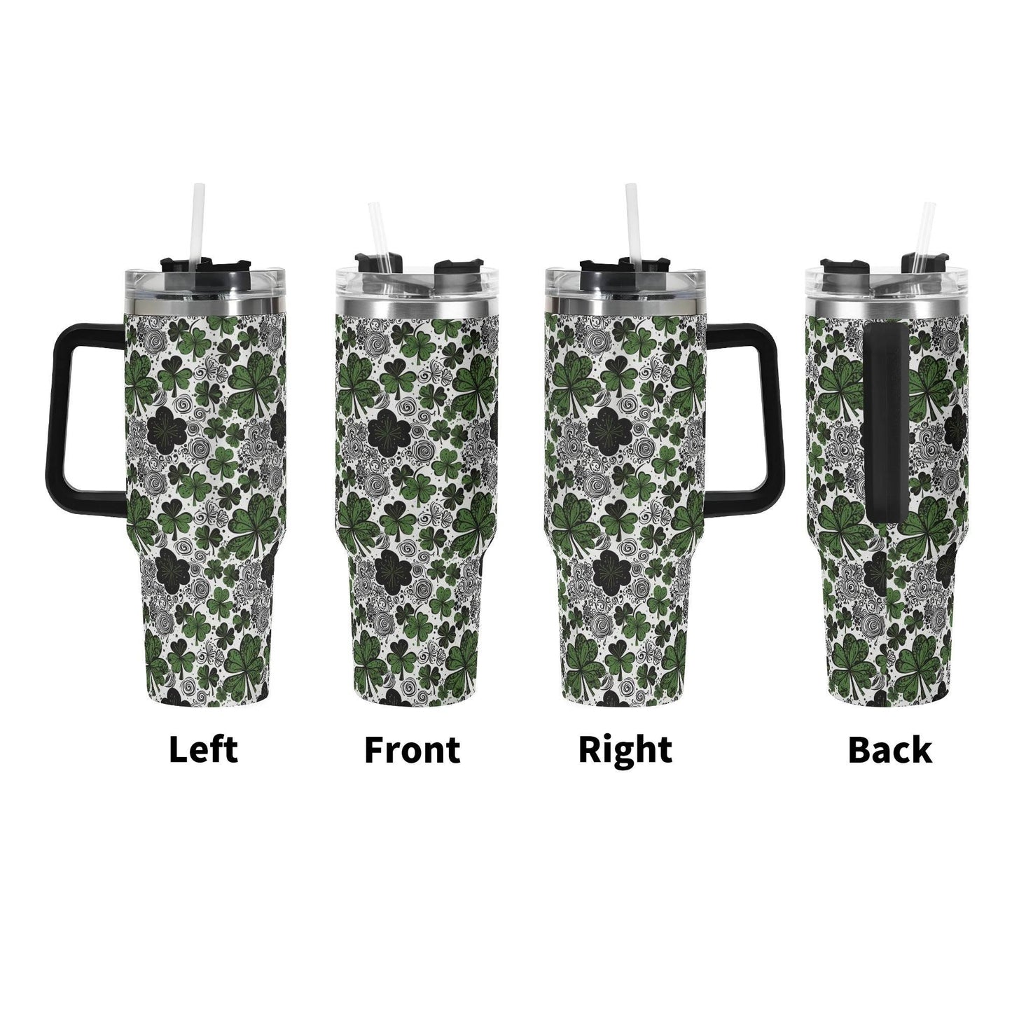 Scribbled Green Clover 40oz Stainless Steel Tumbler Gift With Black Handle and Straw - DeRose Seasonal