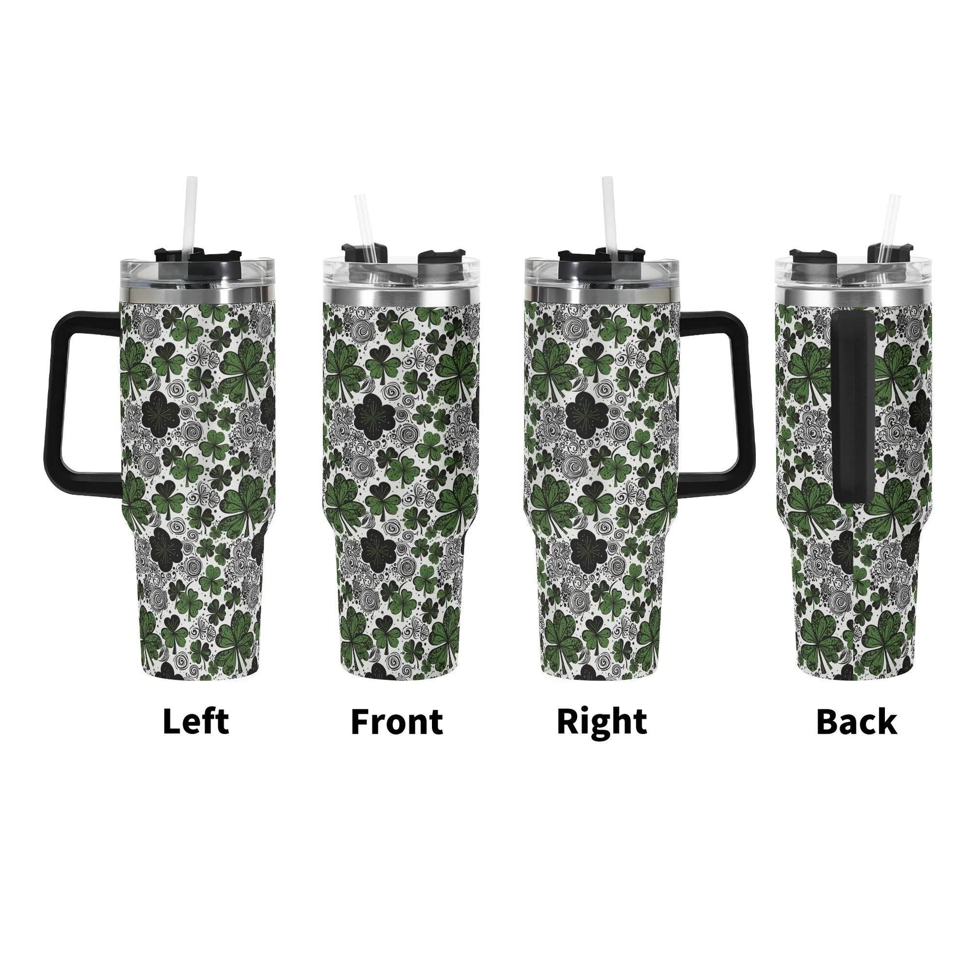 Scribbled Green Clover 40oz Stainless Steel Tumbler Gift With Black Handle and Straw - DeRose Seasonal