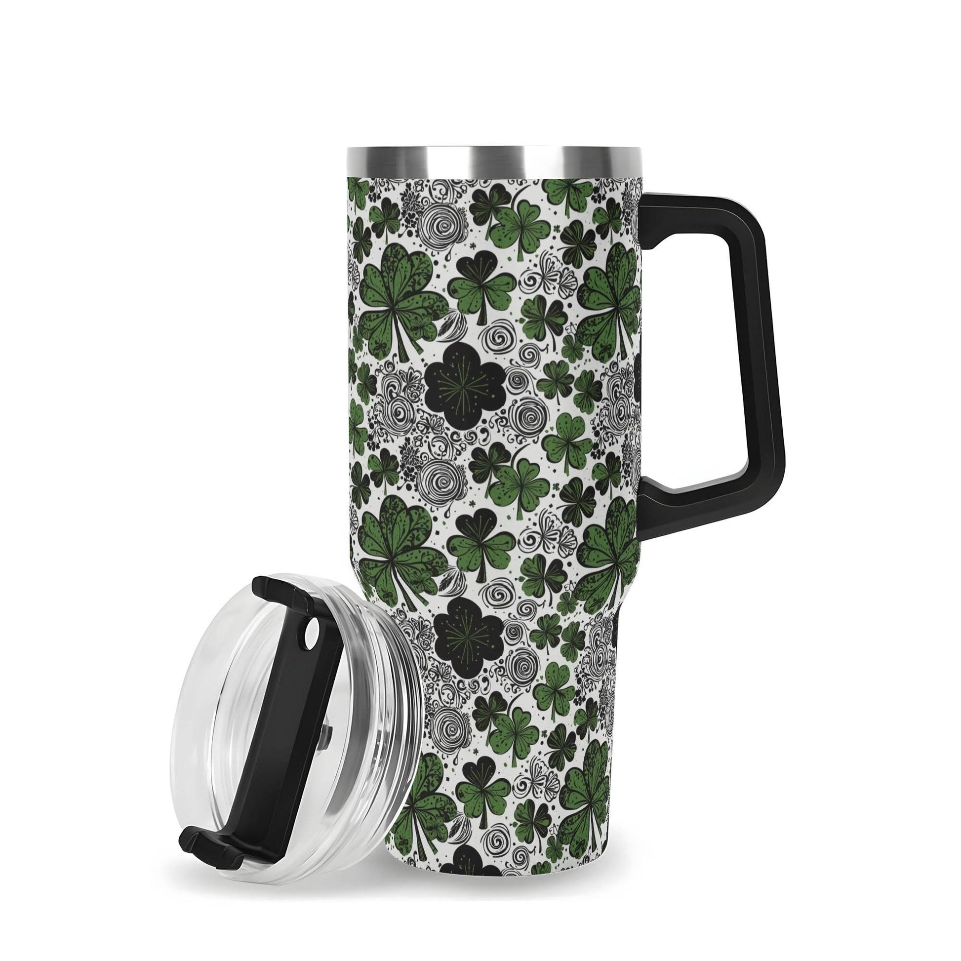 Scribbled Green Clover 40oz Stainless Steel Tumbler Gift With Black Handle and Straw - DeRose Seasonal