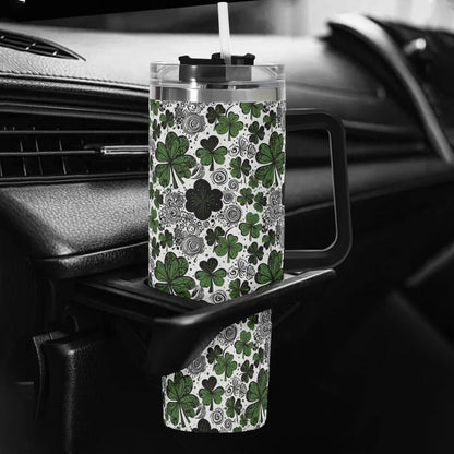 Scribbled Green Clover 40oz Stainless Steel Tumbler Gift With Black Handle and Straw - DeRose Seasonal
