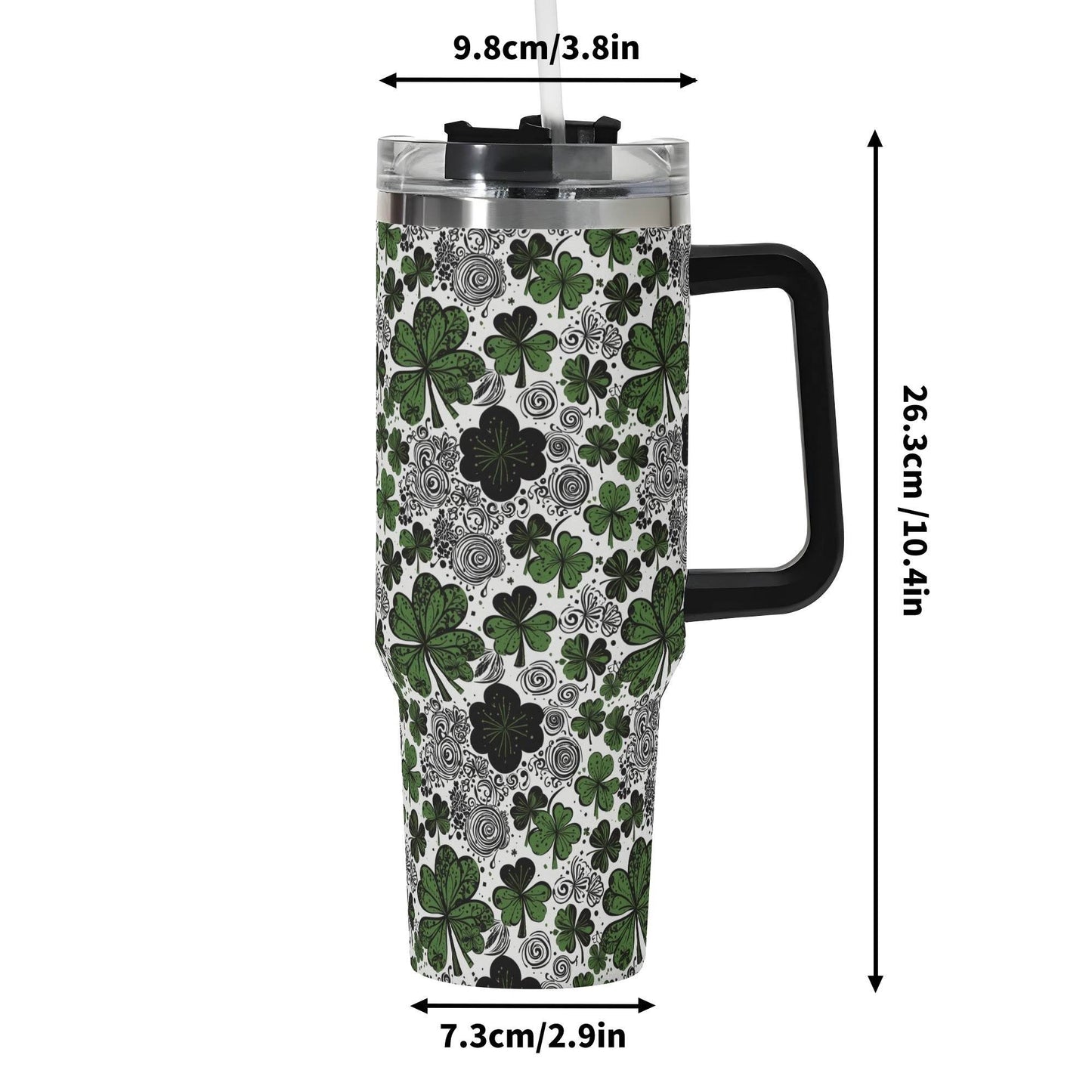 Scribbled Green Clover 40oz Stainless Steel Tumbler Gift With Black Handle and Straw - DeRose Seasonal
