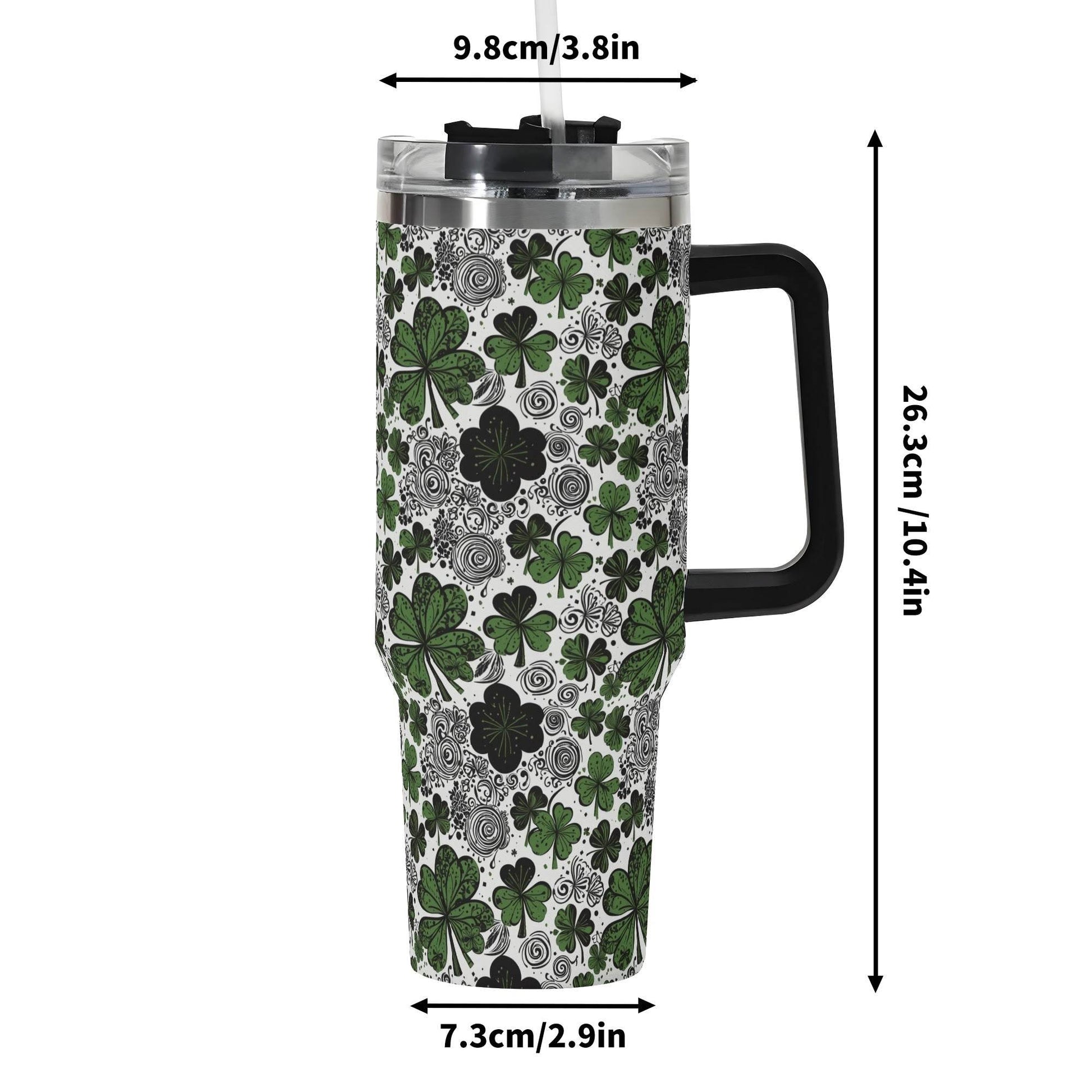 Scribbled Green Clover 40oz Stainless Steel Tumbler Gift With Black Handle and Straw - DeRose Seasonal