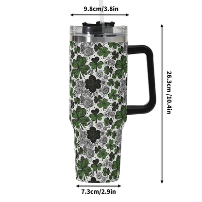 Scribbled Green Clover 40oz Stainless Steel Tumbler Gift With Black Handle and Straw - DeRose Seasonal