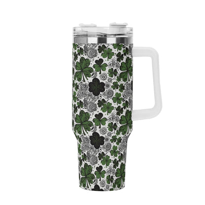 Scribbled Clover 40oz Stainless Steel Tumbler Gift With White Handle and Straw - DeRose Seasonal