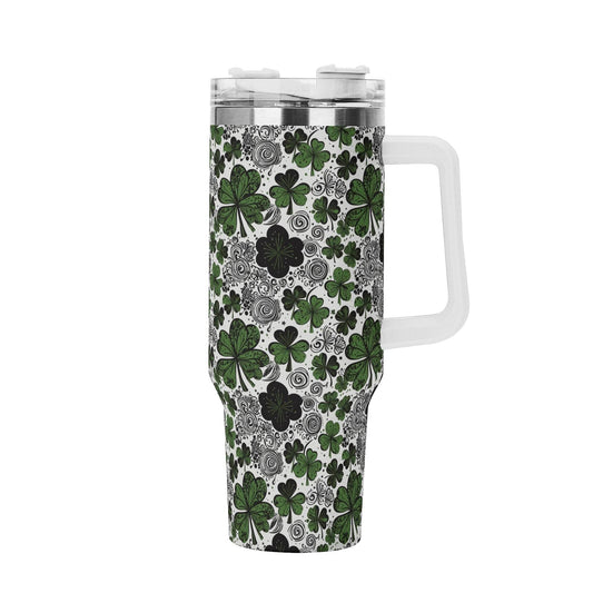 Scribbled Clover 40oz Stainless Steel Tumbler Gift With White Handle and Straw - DeRose Seasonal