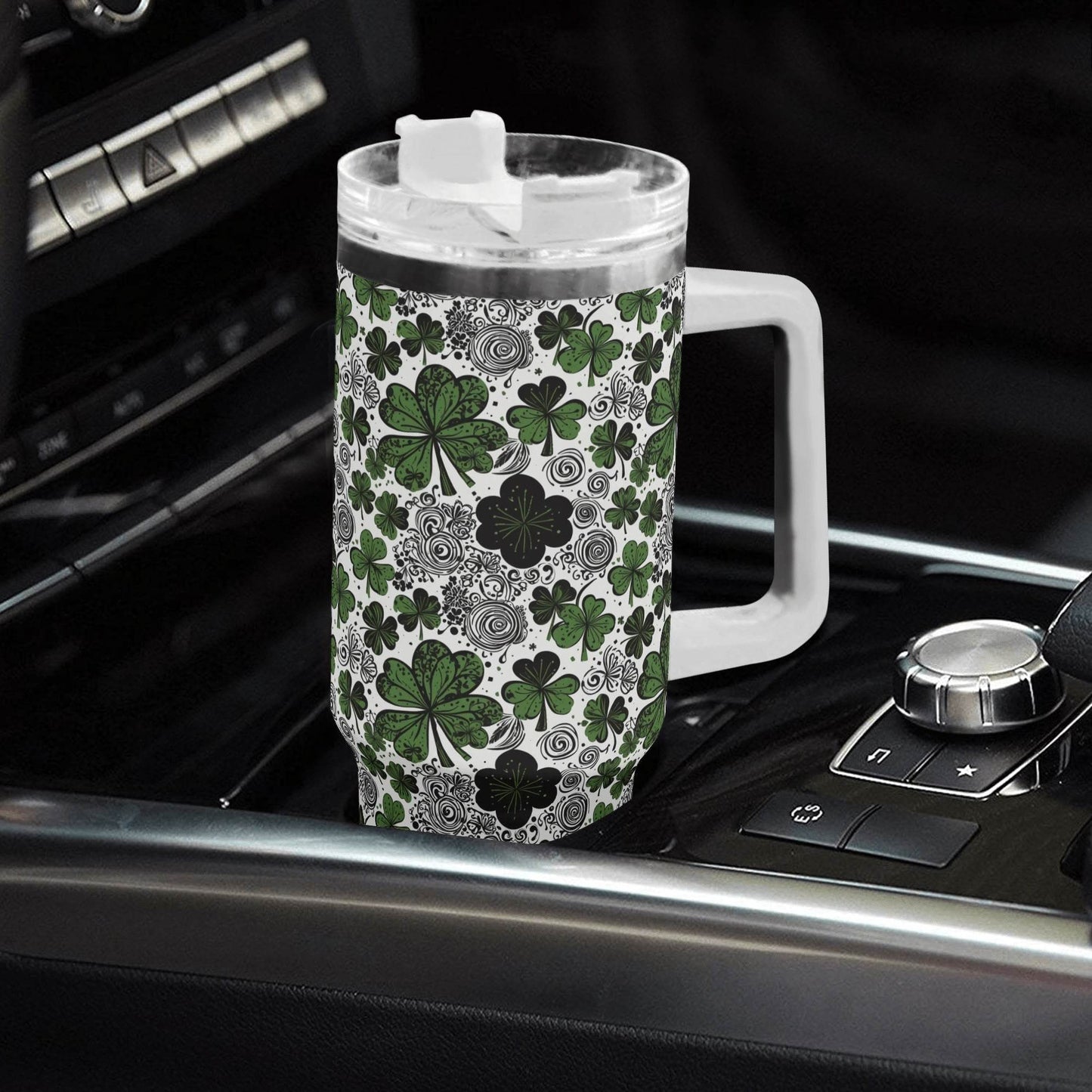 Scribbled Clover 40oz Stainless Steel Tumbler Gift With White Handle and Straw - DeRose Seasonal