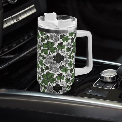 Scribbled Clover 40oz Stainless Steel Tumbler Gift With White Handle and Straw - DeRose Seasonal