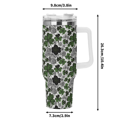 Scribbled Clover 40oz Stainless Steel Tumbler Gift With White Handle and Straw - DeRose Seasonal