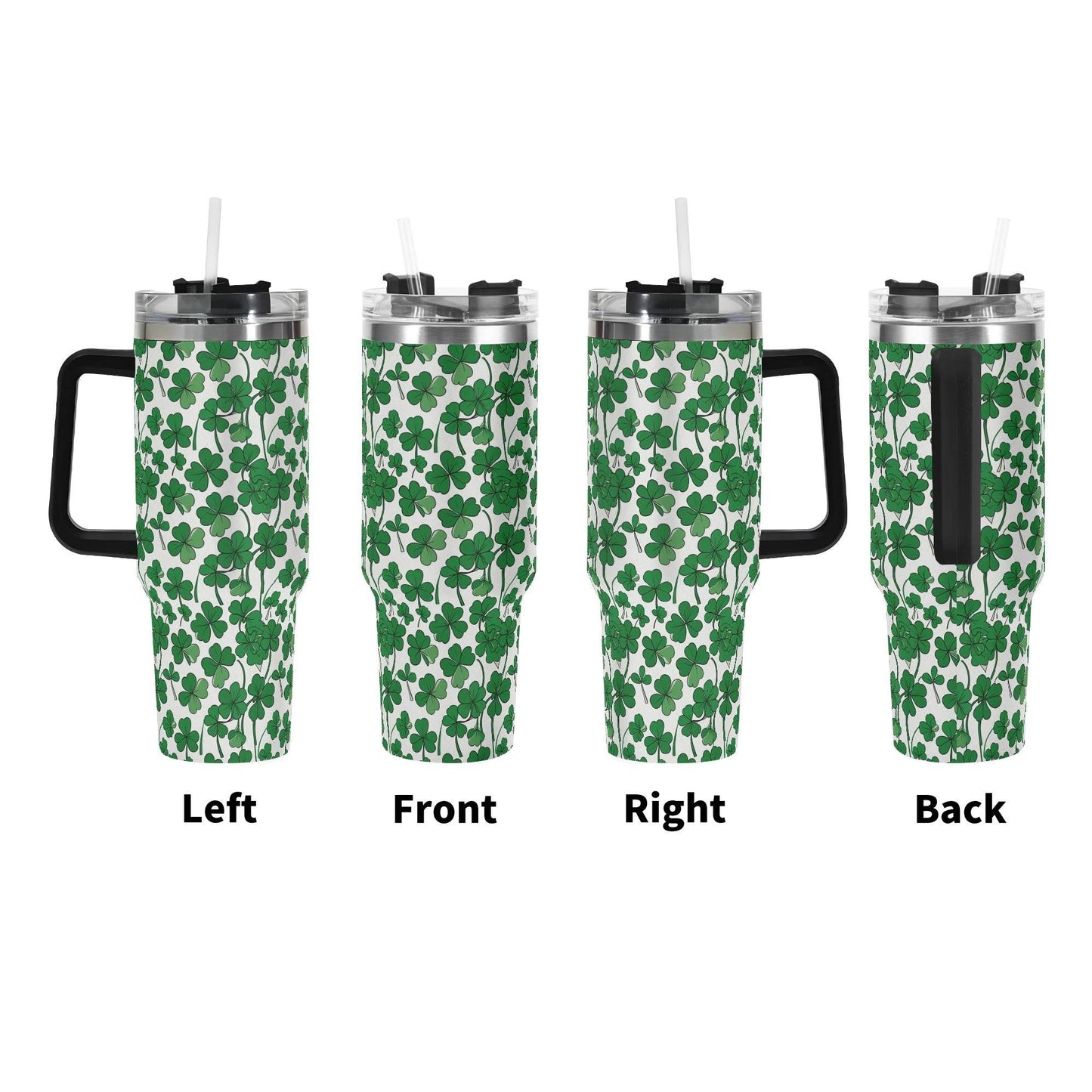 Little Clover 40oz Stainless Steel Tumbler Gift With Black Handle and Straw - DeRose Seasonal