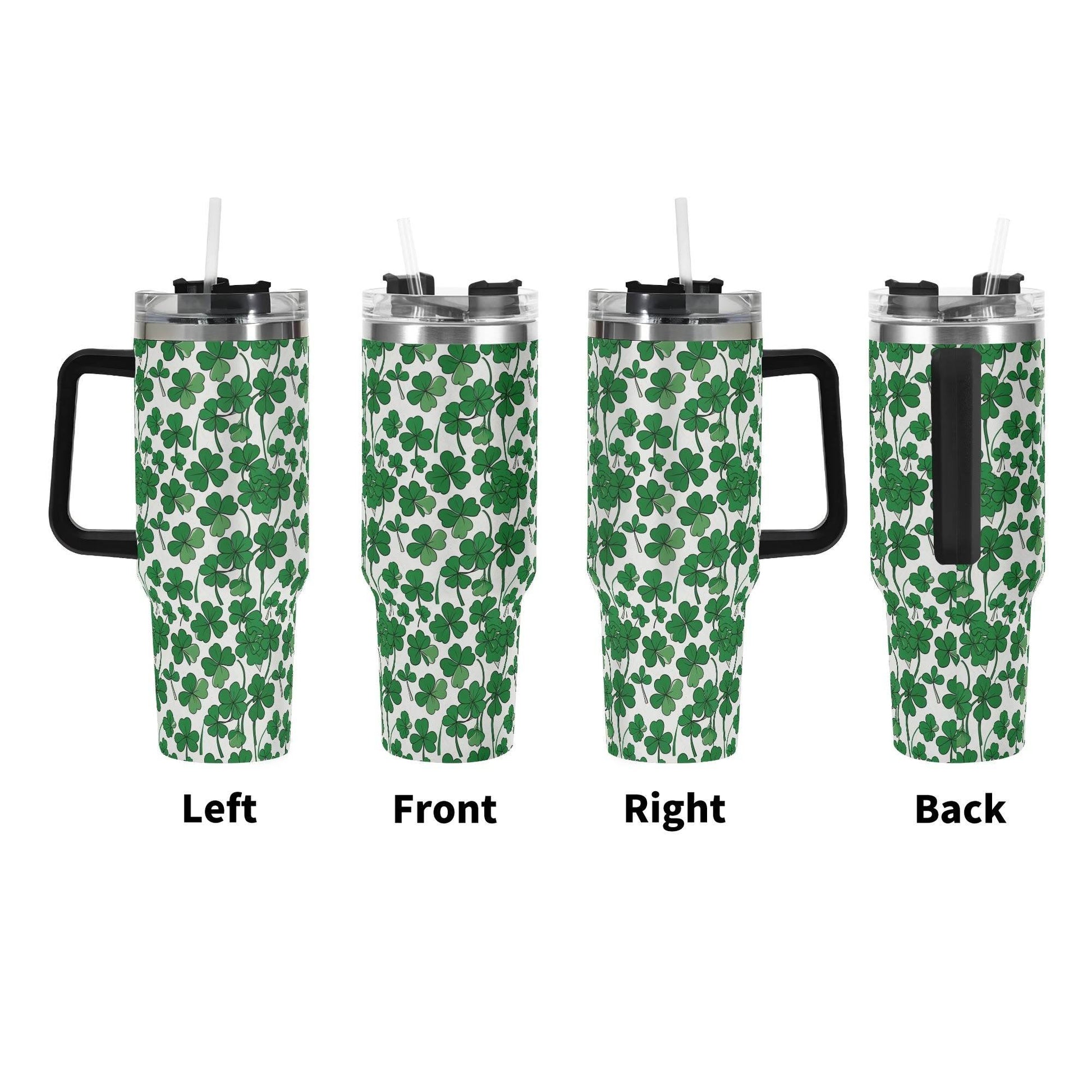 Little Clover 40oz Stainless Steel Tumbler Gift With Black Handle and Straw - DeRose Seasonal