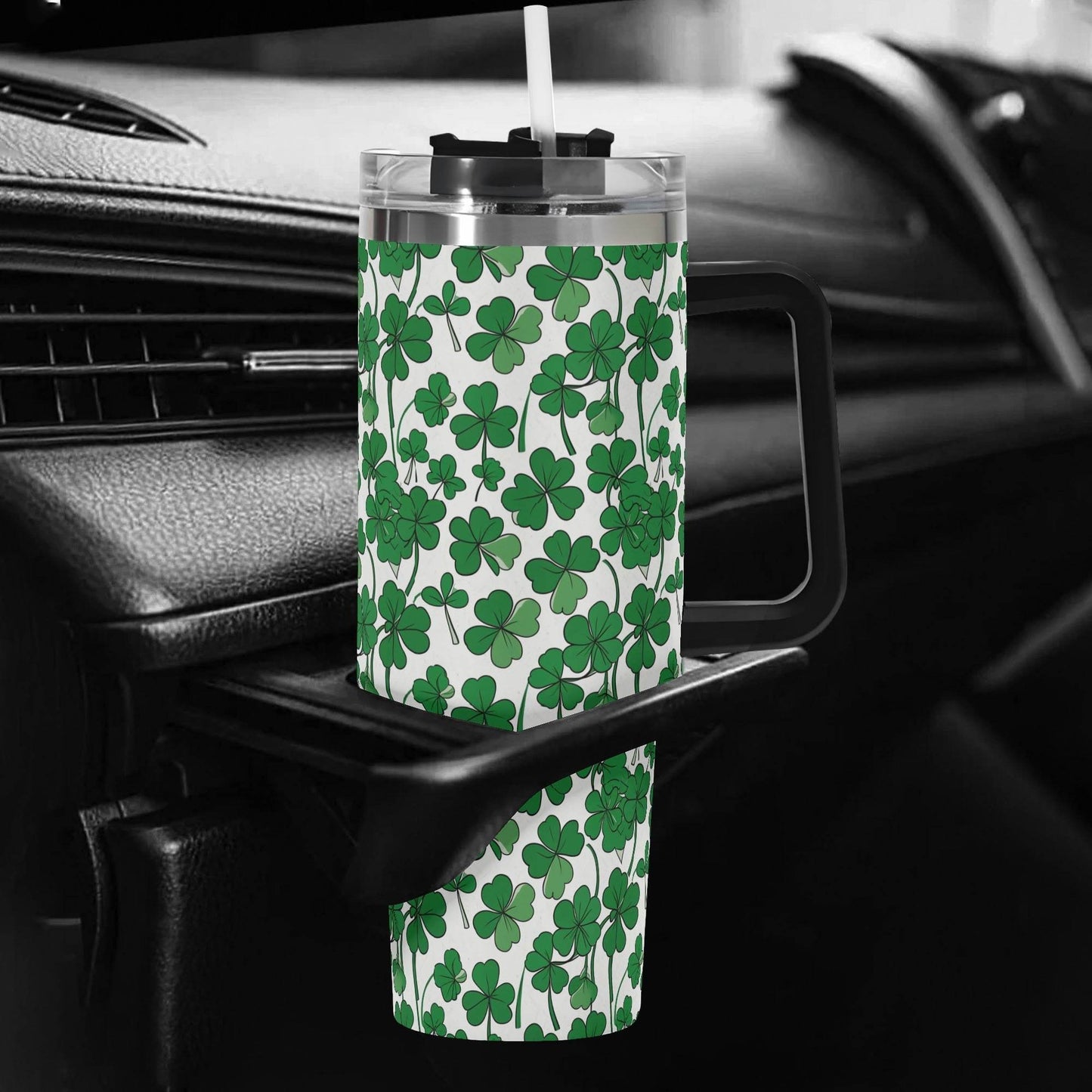 Little Clover 40oz Stainless Steel Tumbler Gift With Black Handle and Straw - DeRose Seasonal