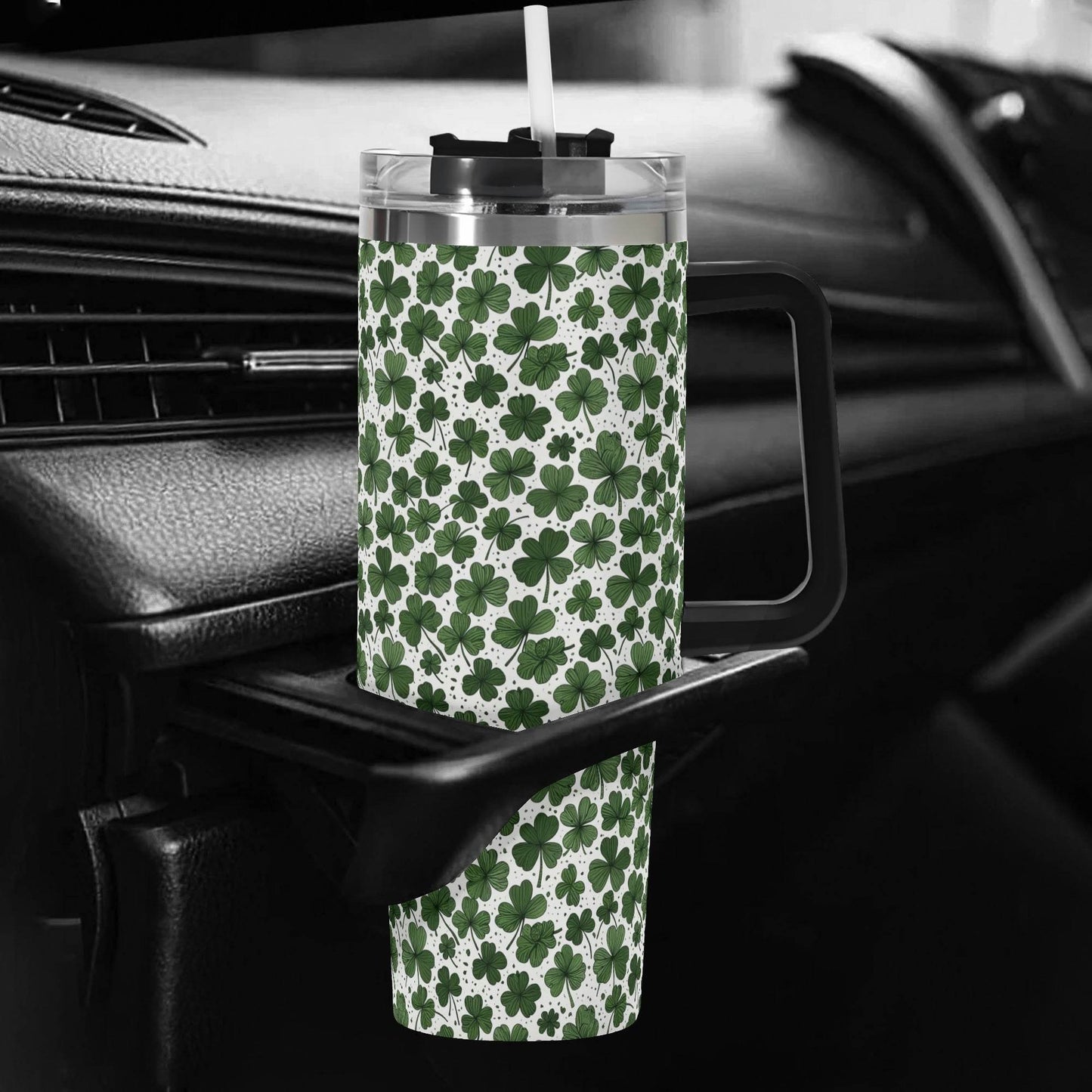 Clovers 40oz Stainless Steel Tumbler Gift With Black Handle and Straw - DeRose Seasonal