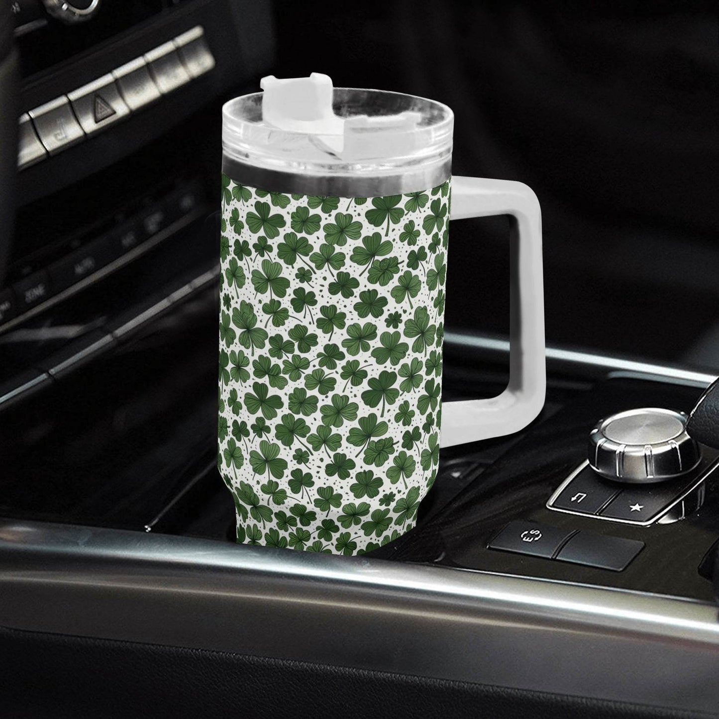 Clovers 40oz Stainless Steel Tumbler Gift With White Handle and Straw - DeRose Seasonal