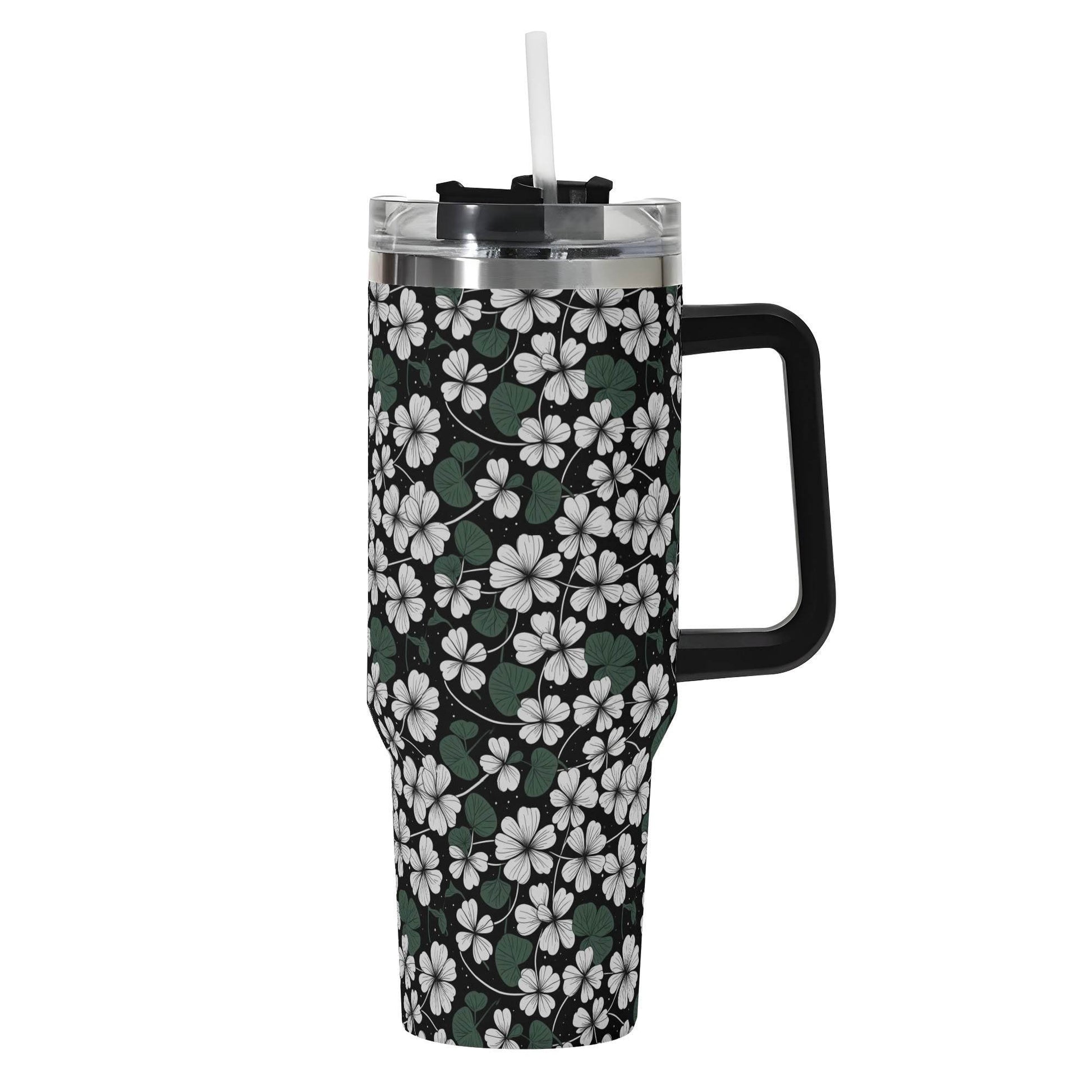 White Clover 40oz Stainless Steel Tumbler Gift With Black Handle and Straw - DeRose Seasonal