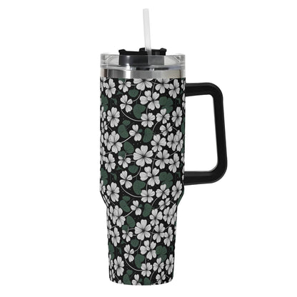 White Clover 40oz Stainless Steel Tumbler Gift With Black Handle and Straw - DeRose Seasonal