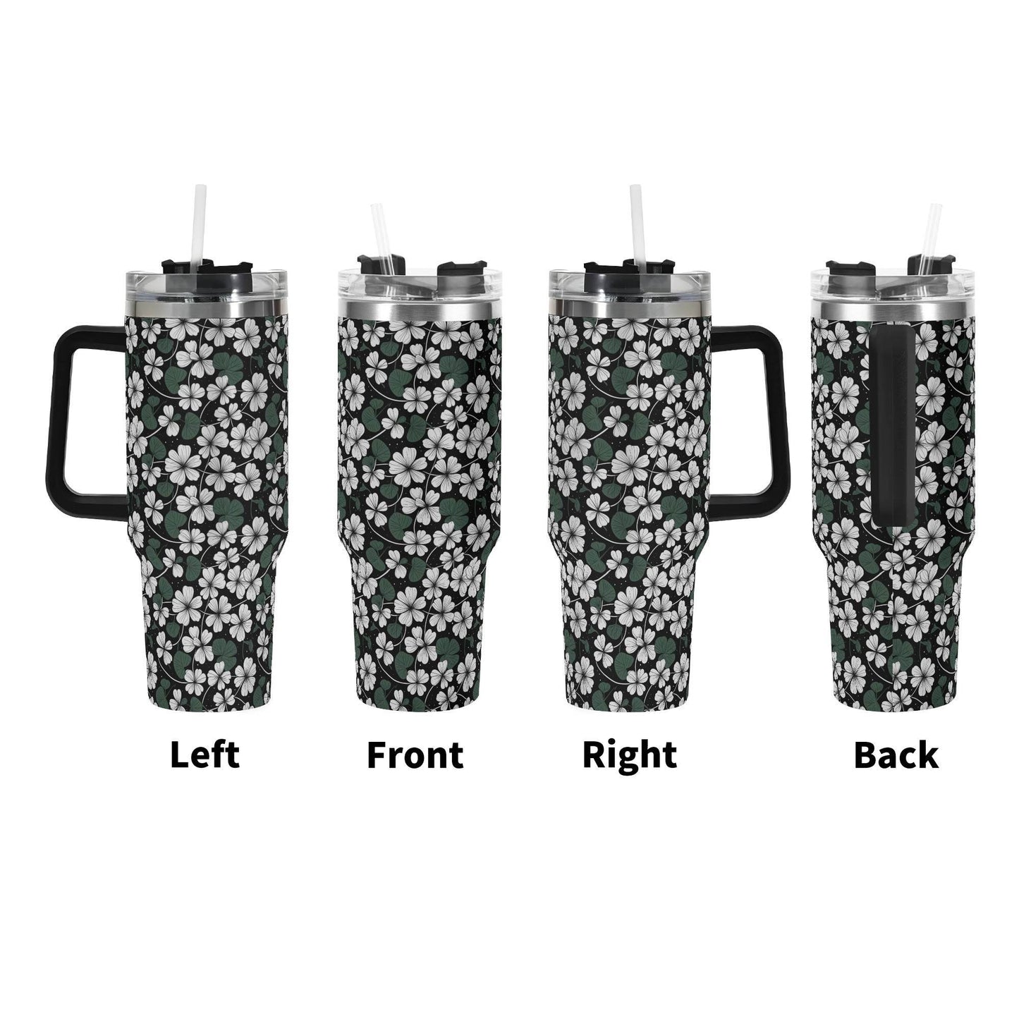 White Clover 40oz Stainless Steel Tumbler Gift With Black Handle and Straw - DeRose Seasonal