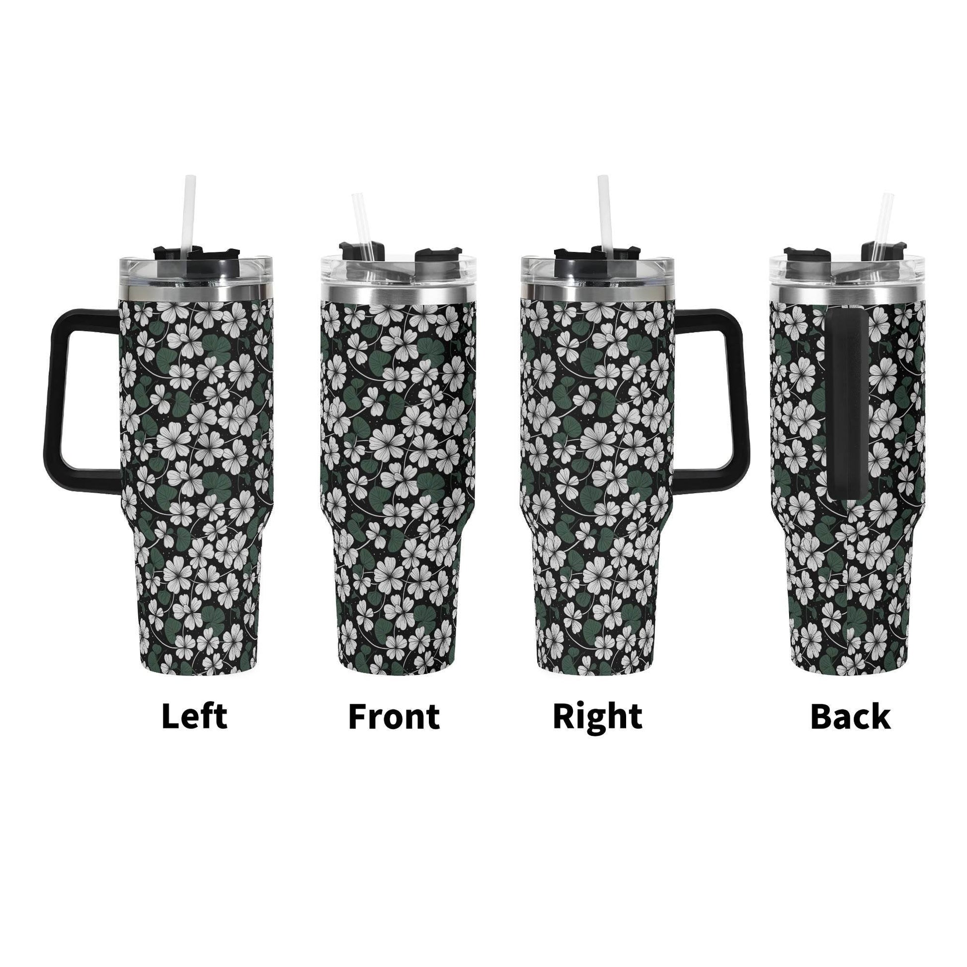 White Clover 40oz Stainless Steel Tumbler Gift With Black Handle and Straw - DeRose Seasonal