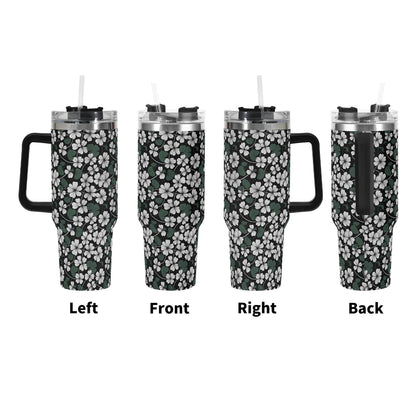 White Clover 40oz Stainless Steel Tumbler Gift With Black Handle and Straw - DeRose Seasonal
