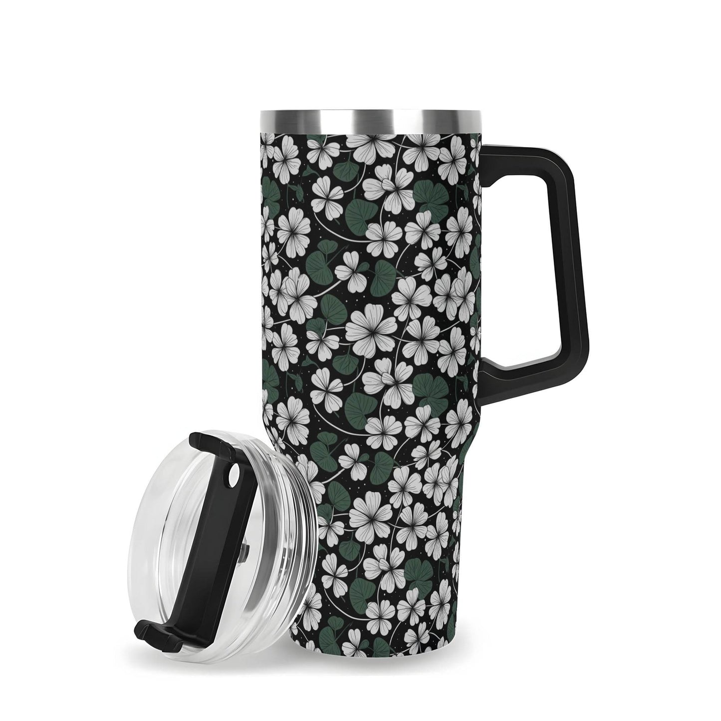 White Clover 40oz Stainless Steel Tumbler Gift With Black Handle and Straw - DeRose Seasonal