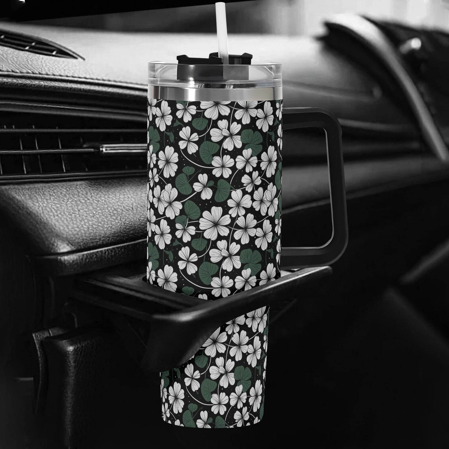 White Clover 40oz Stainless Steel Tumbler Gift With Black Handle and Straw - DeRose Seasonal