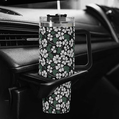 White Clover 40oz Stainless Steel Tumbler Gift With Black Handle and Straw - DeRose Seasonal