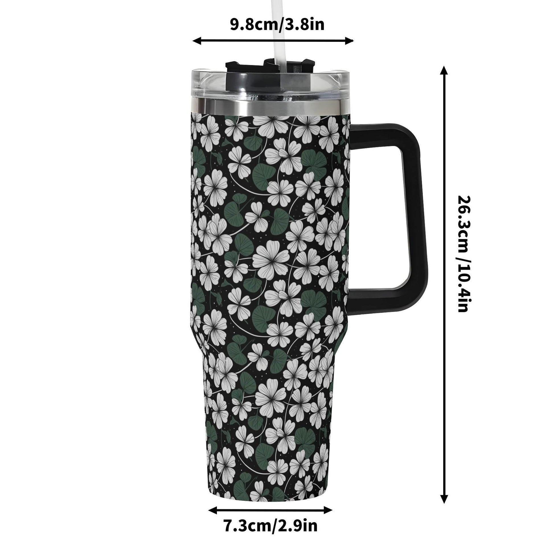 White Clover 40oz Stainless Steel Tumbler Gift With Black Handle and Straw - DeRose Seasonal