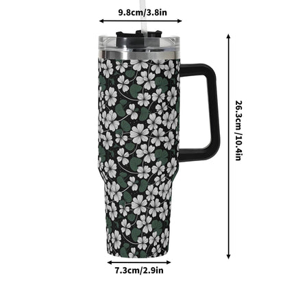 White Clover 40oz Stainless Steel Tumbler Gift With Black Handle and Straw - DeRose Seasonal