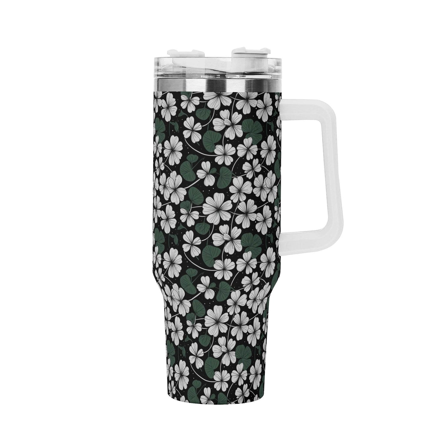 White Clover 40oz Stainless Steel Tumbler Gift With White Handle and Straw - DeRose Seasonal