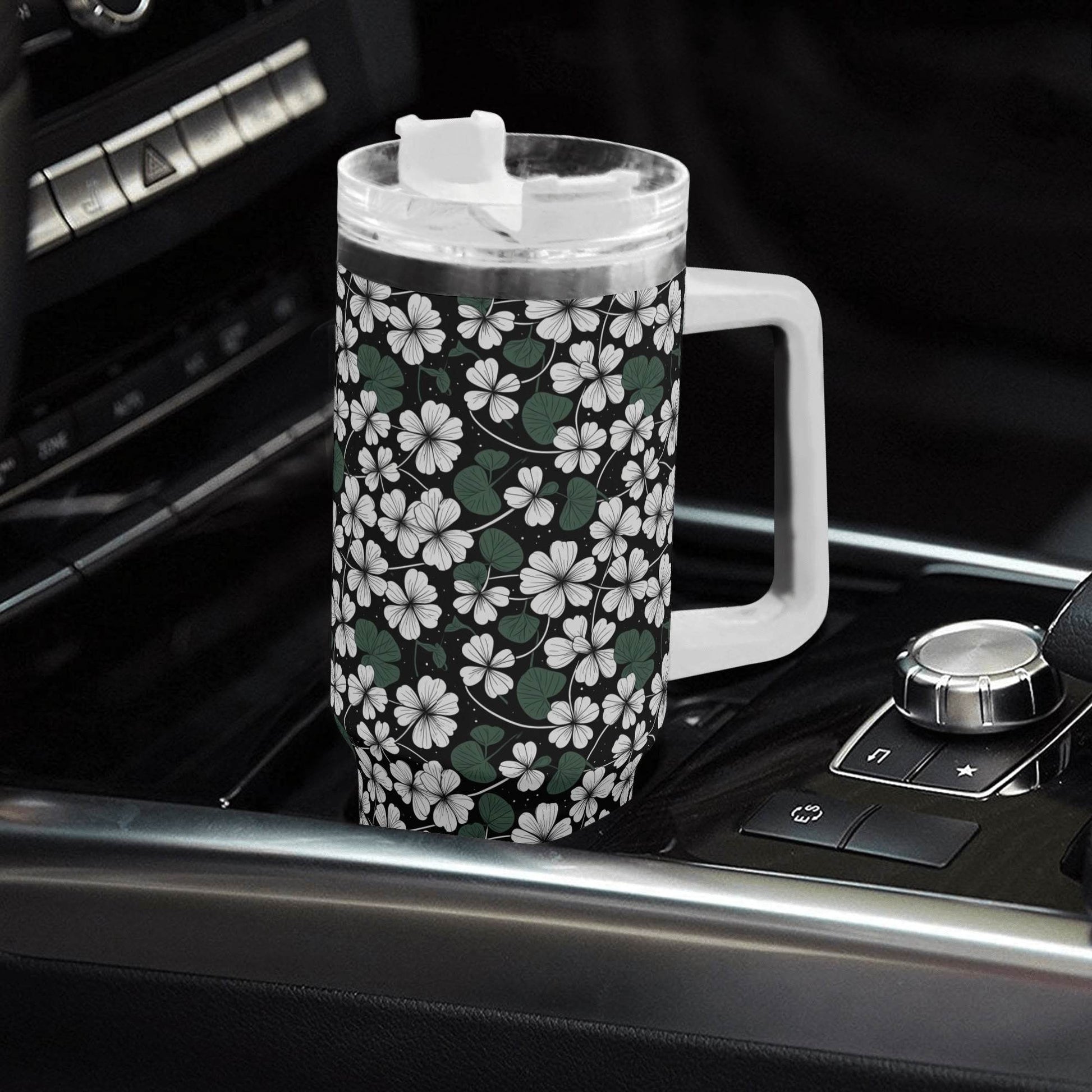 White Clover 40oz Stainless Steel Tumbler Gift With White Handle and Straw - DeRose Seasonal