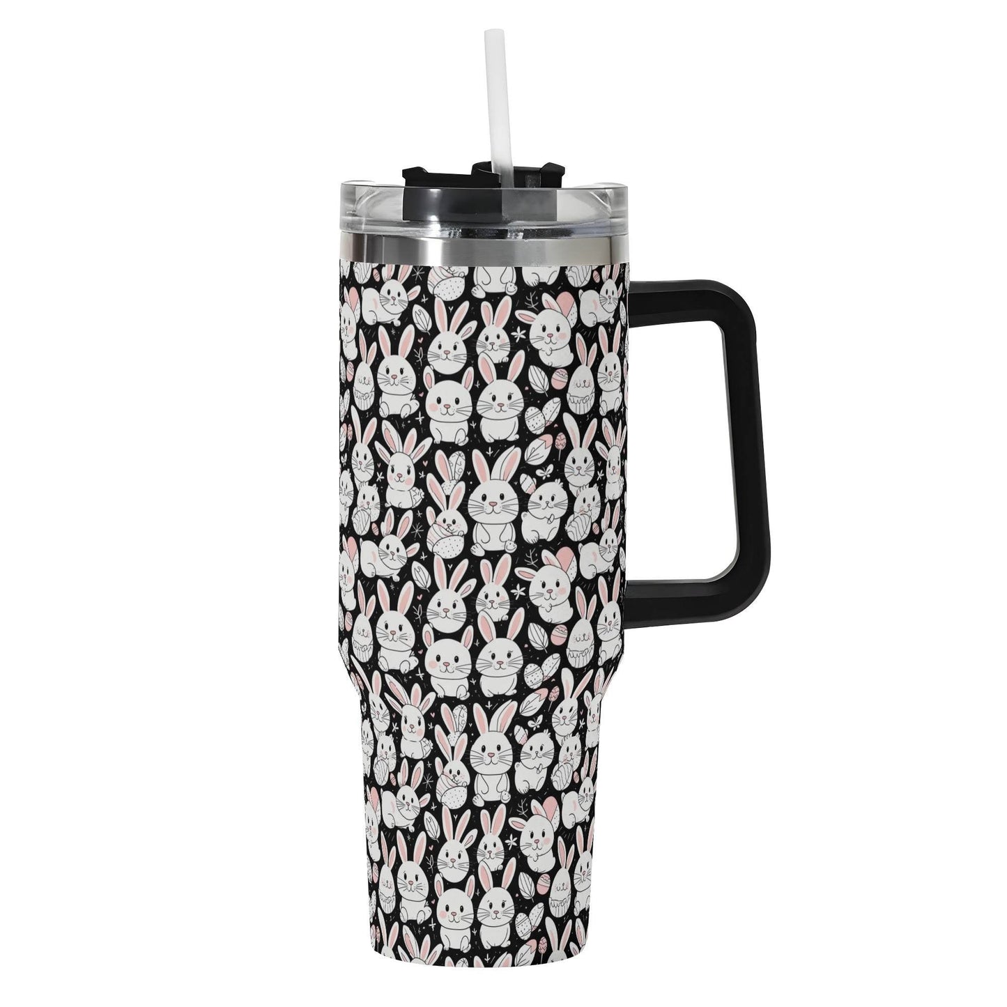 Cute Bunny 40oz Stainless Steel Tumbler Gift With Black Handle and Straw - DeRose Seasonal
