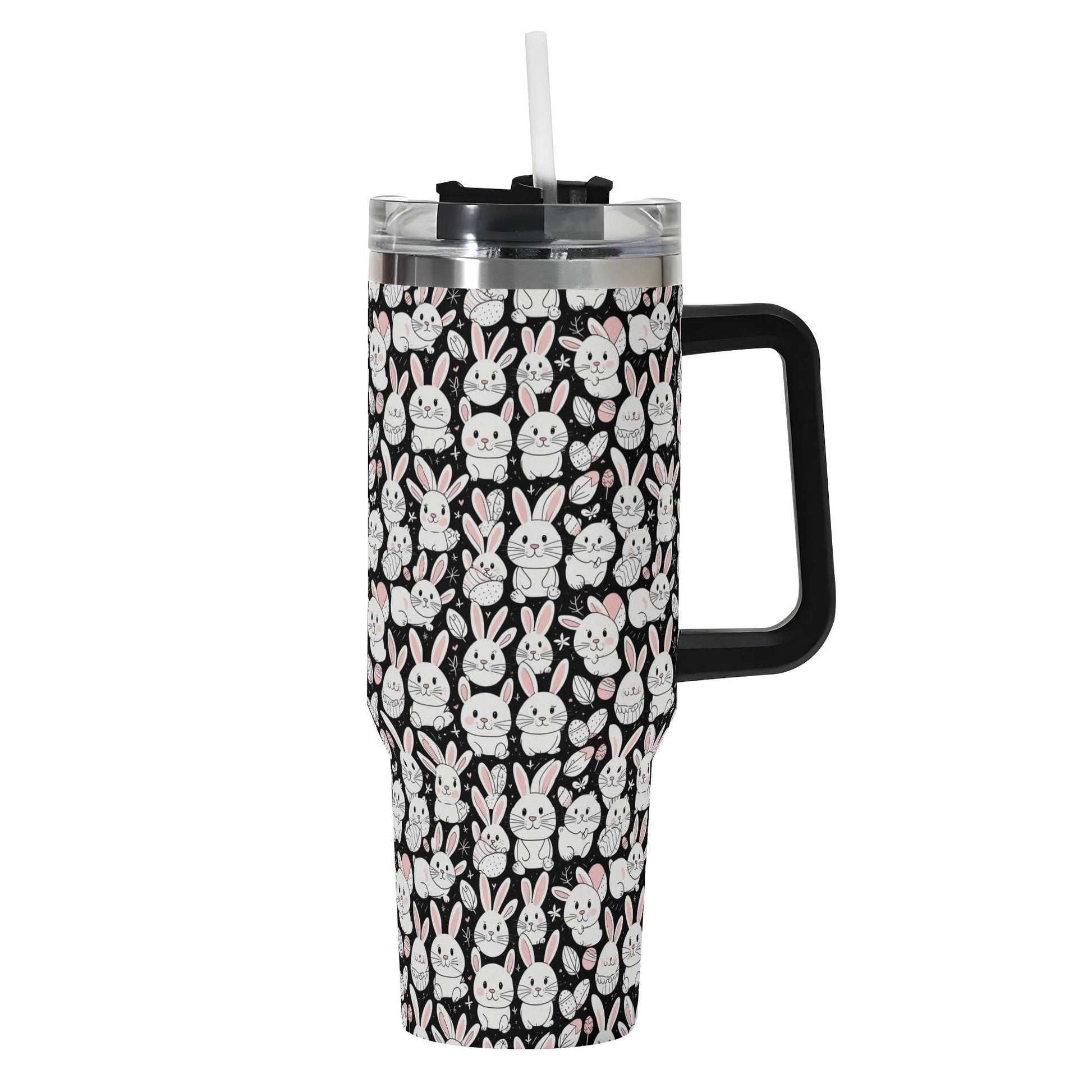 Cute Bunny 40oz Stainless Steel Tumbler Gift With Black Handle and Straw - DeRose Seasonal
