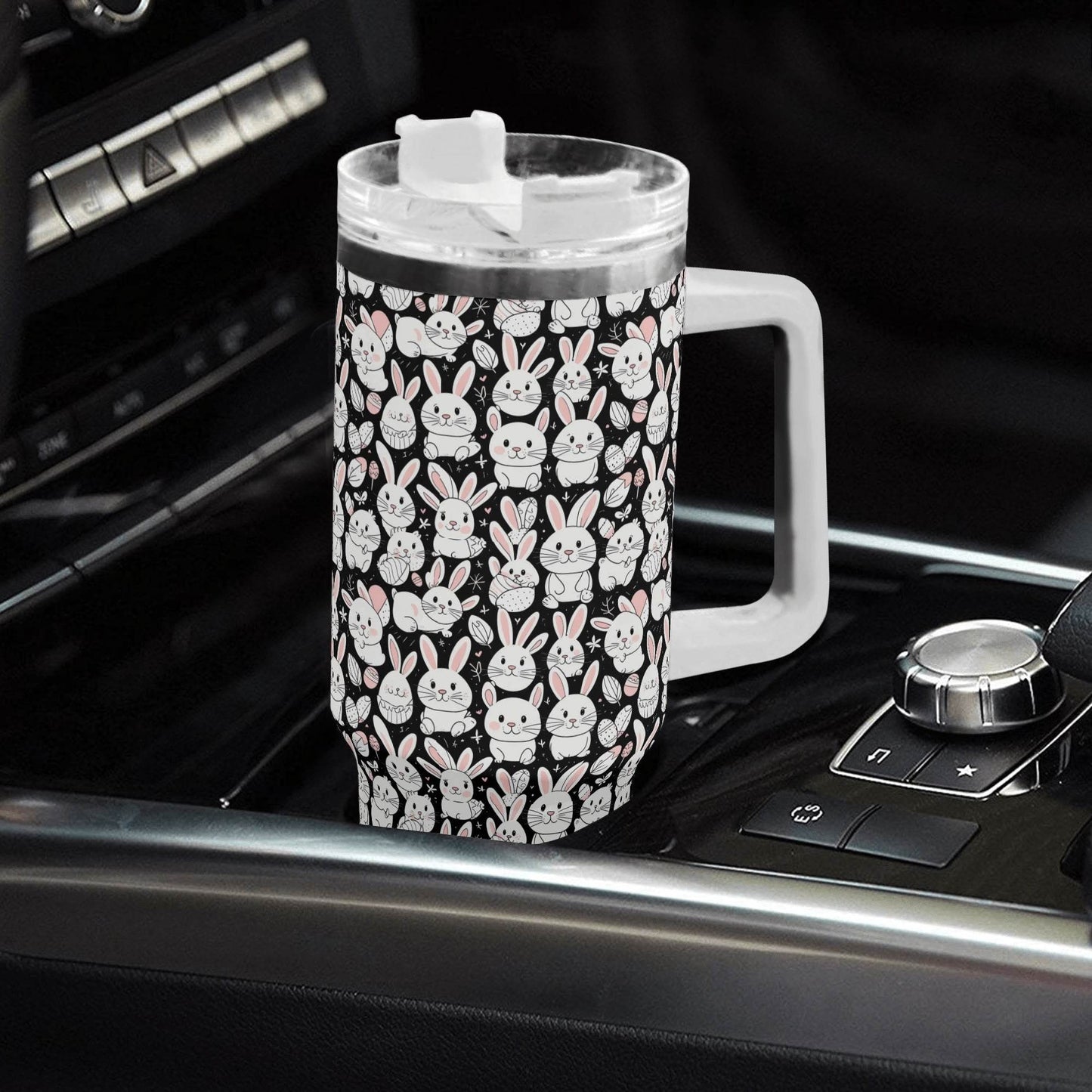 Cute Bunny 40oz Stainless Steel Tumbler Gift With White Handle and Straw - DeRose Seasonal
