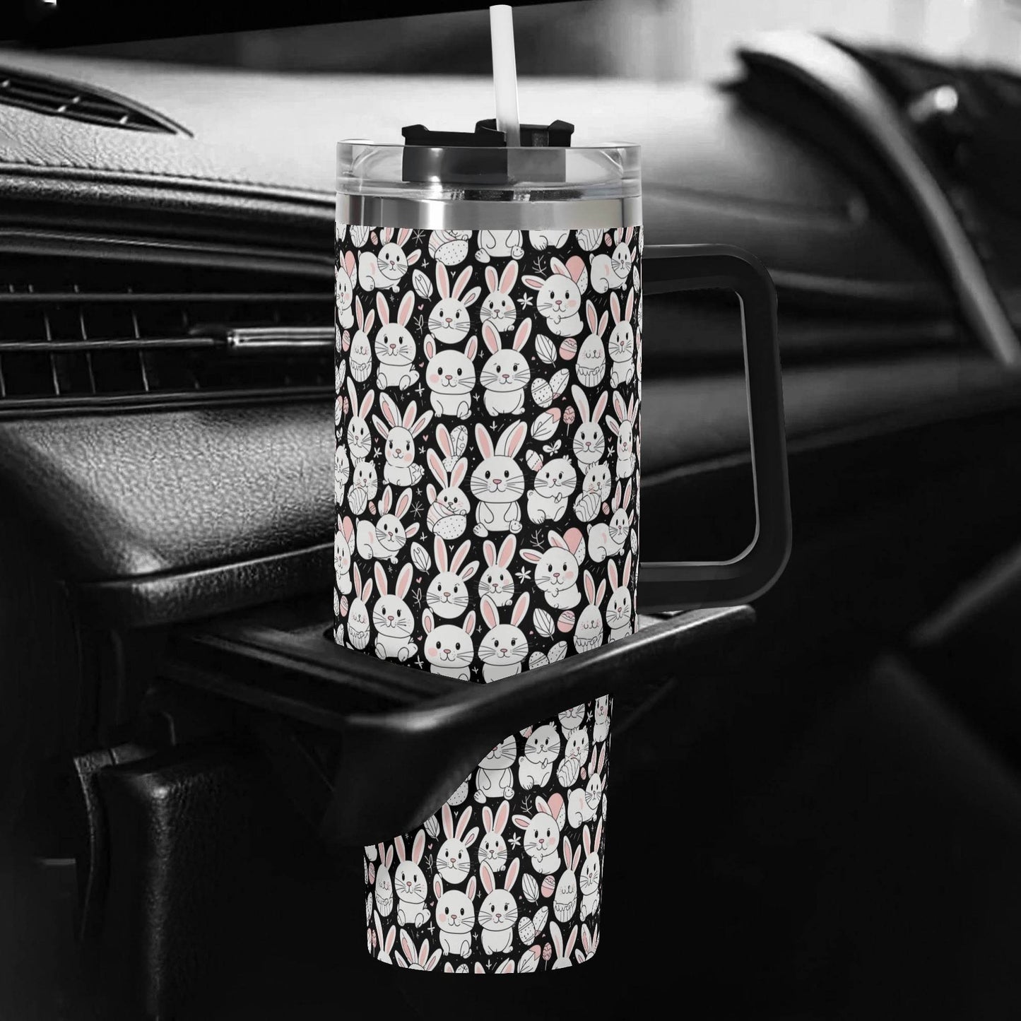 Cute Bunny 40oz Stainless Steel Tumbler Gift With Black Handle and Straw - DeRose Seasonal