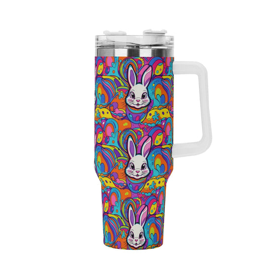 Trippy Bunny 40oz Stainless Steel Tumbler Gift With White Handle and Straw - DeRose Seasonal