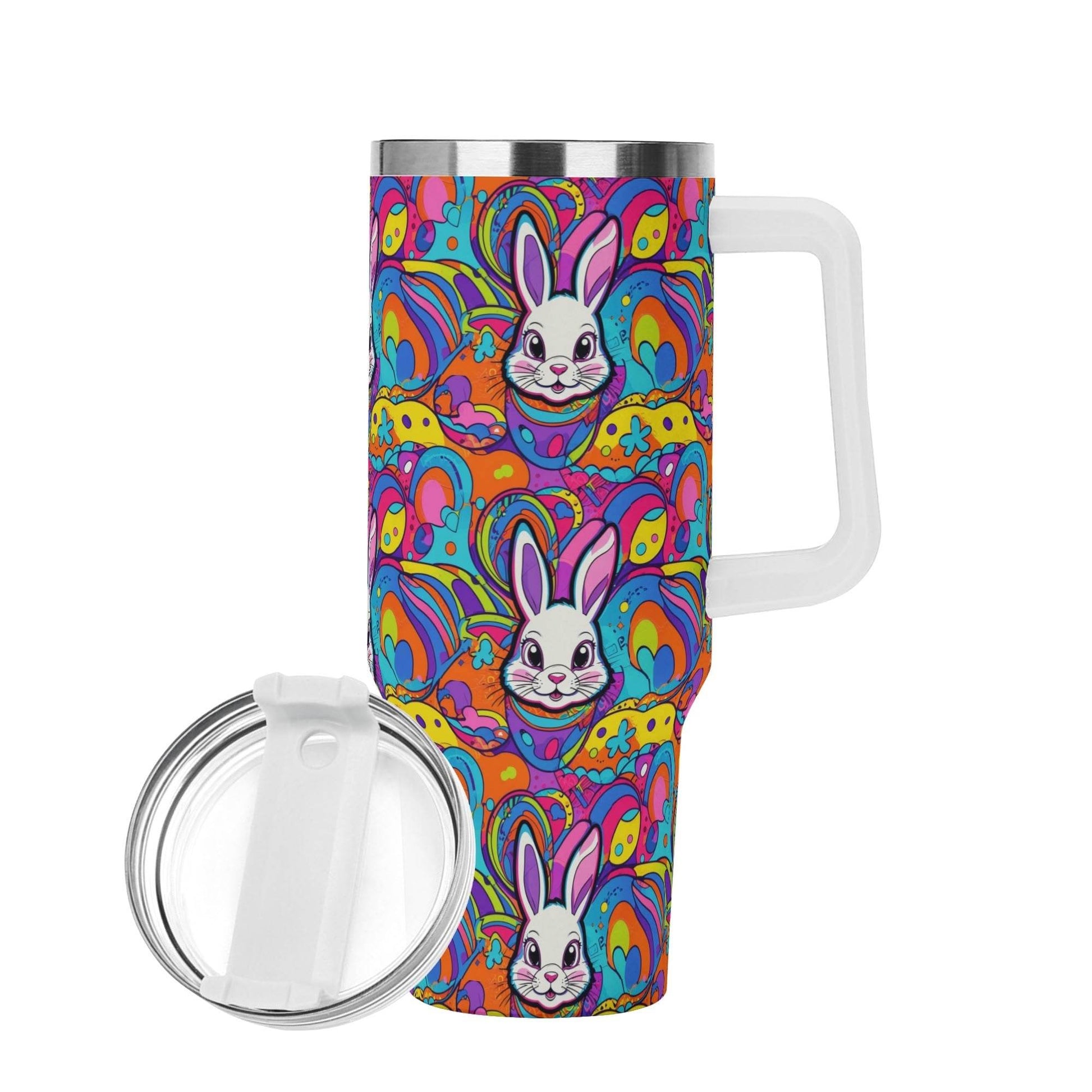 Trippy Bunny 40oz Stainless Steel Tumbler Gift With White Handle and Straw - DeRose Seasonal